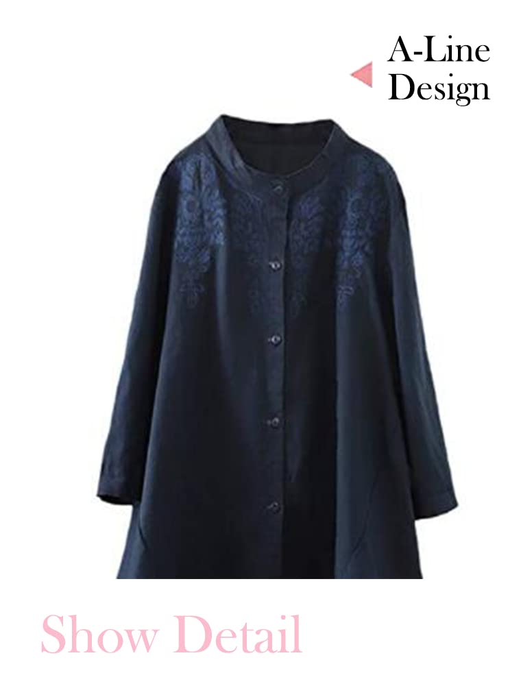 Minibee Women's Cotton Linen Shirt High Low Button Down Embroidered Blouse Long Sleeve Tunic Tops - Image 3